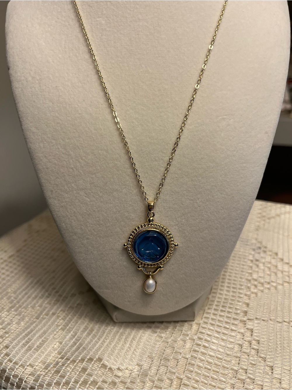 Intaglio Carved, Blue Glass Pendant Necklace with Pearl Accent